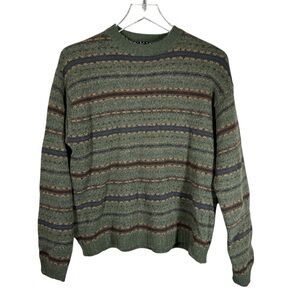 SISLEY from Italy Men's Medium Fair Isle Striped Wool Blend Crewneck Sweater